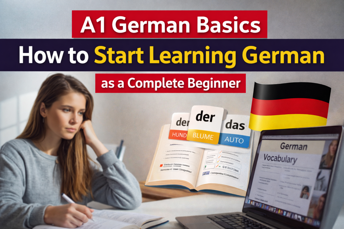 Complete beginner learning German vocabulary at home with notebook, textbook, and laptop