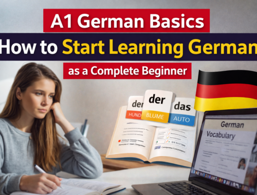 Complete beginner learning German vocabulary at home with notebook, textbook, and laptop