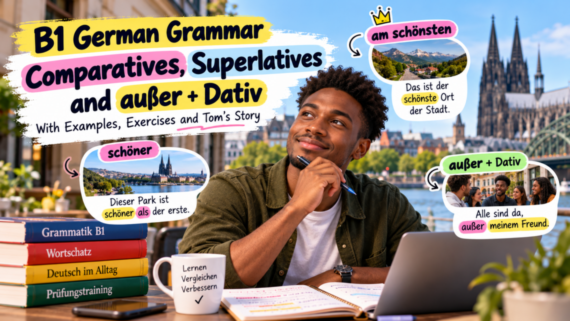 B1 German grammar lesson on comparatives, superlatives and außer + Dativ, with examples and exercises.
