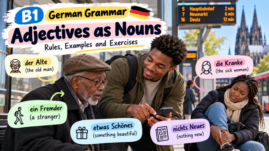 B1 German grammar lesson explaining nominalised adjectives in German, with examples such as der Alte, die Kranke and etwas Schönes.