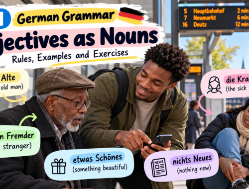 B1 German grammar lesson explaining nominalised adjectives in German, with examples such as der Alte, die Kranke and etwas Schönes.
