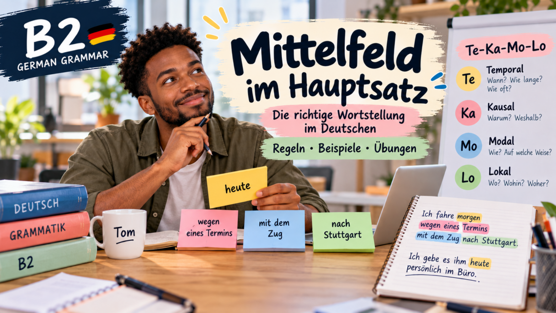Tom learning German B2 grammar at his desk, practising Mittelfeld im Hauptsatz and the Te-Ka-Mo-Lo rule for correct German word order.