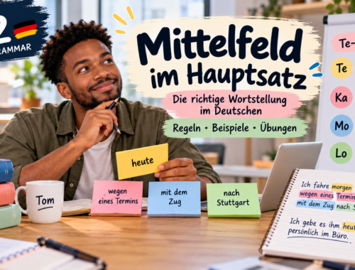 Tom learning German B2 grammar at his desk, practising Mittelfeld im Hauptsatz and the Te-Ka-Mo-Lo rule for correct German word order.