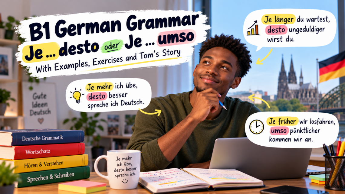 German B1 grammar lesson explaining je desto and je umso with examples and exercises.