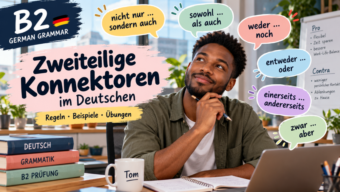 Tom learning German B2 grammar, with examples of zweiteilige Konnektoren such as nicht nur … sondern auch, sowohl … als auch and weder … noch.